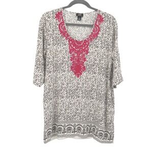 Patio Casuals Floral Embroidered Tunic Top Womens XL White Boho Coastal Grandma